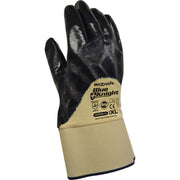 Black and beige work glove with 'Blue Knight' branding on a white background