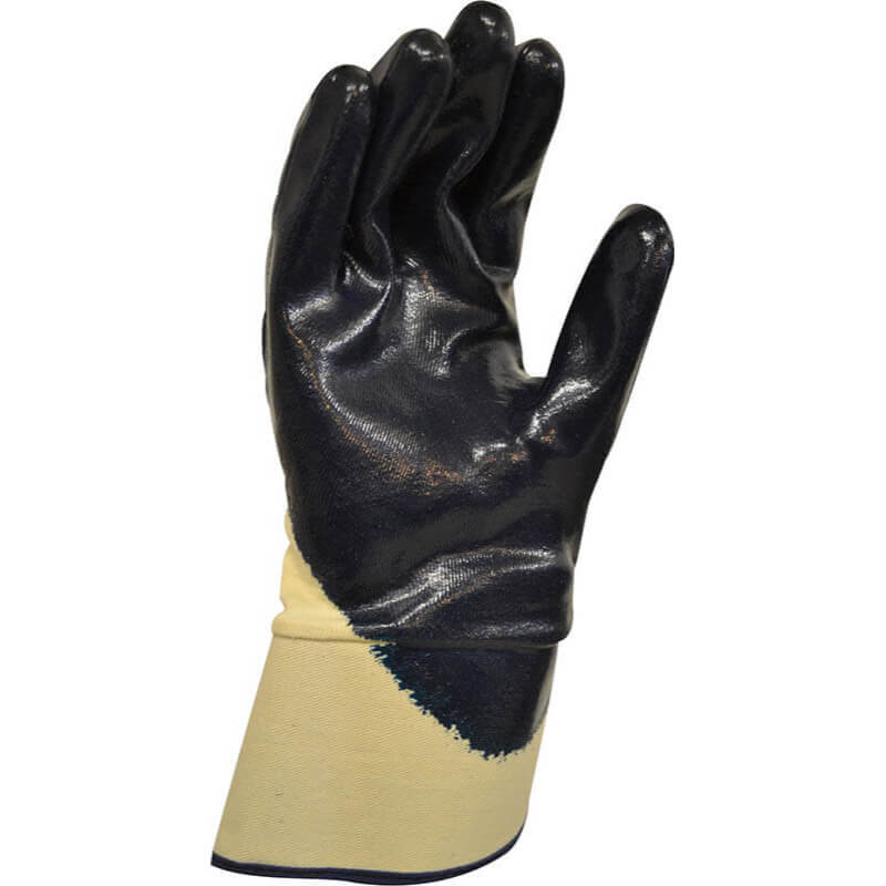 Black and beige work glove on a white background