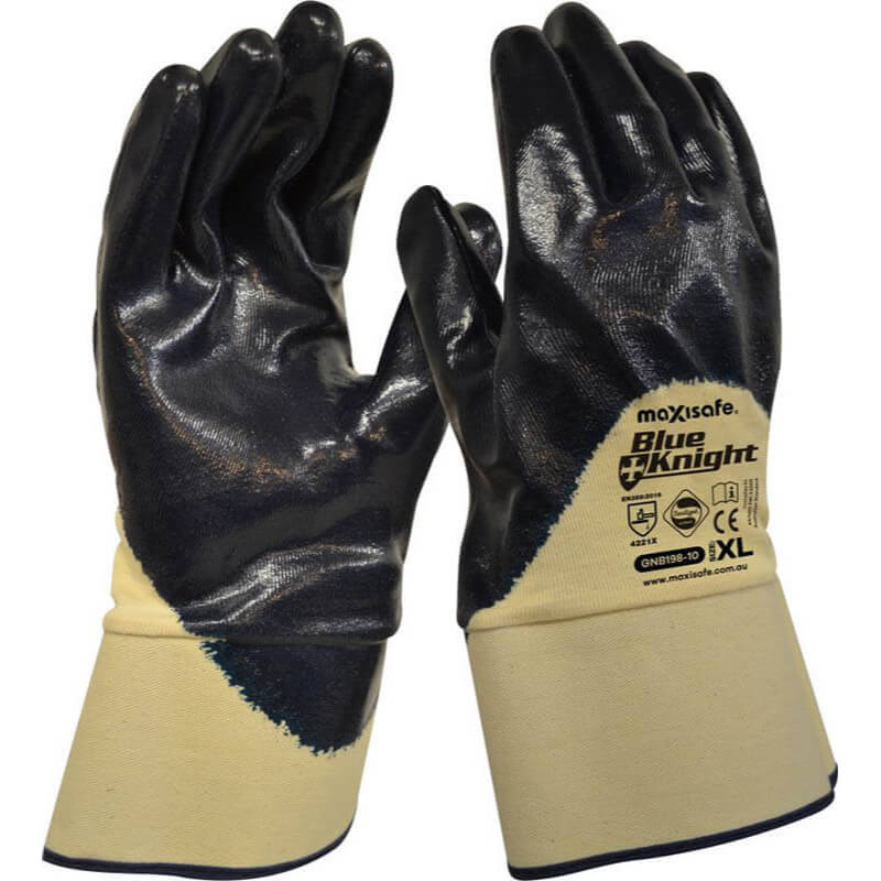 Pair of black and beige gloves with 'Blue Knight' branding on a white background