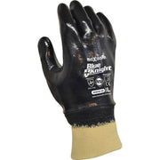 Black protective glove with yellow cuff on a white background