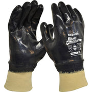 Pair of black gloves with beige cuffs on a white background, featuring the Blue Knight brand.