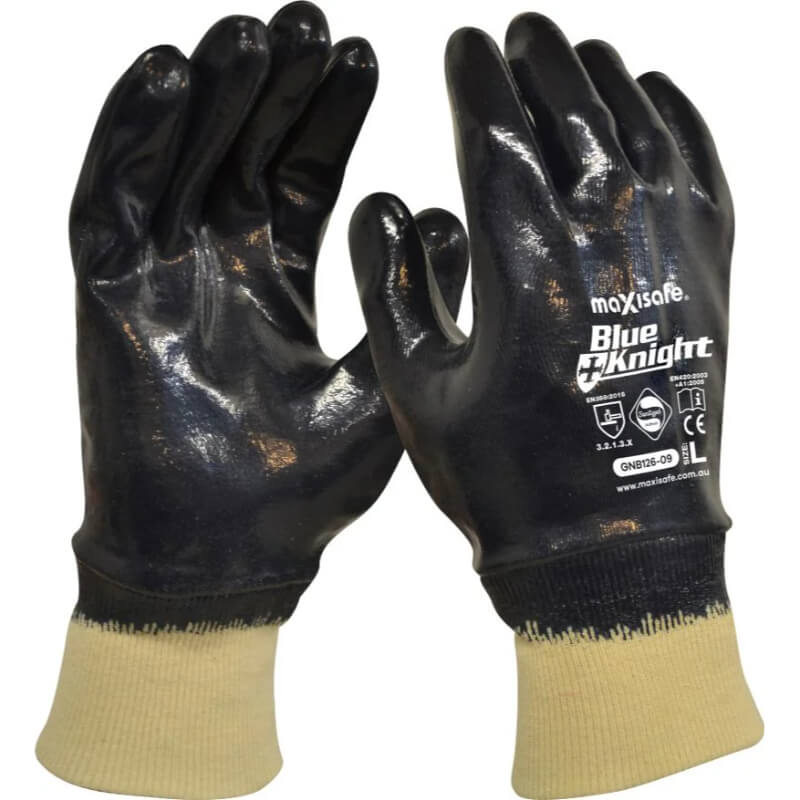 Pair of black gloves with beige cuffs on a white background, featuring the Blue Knight brand.