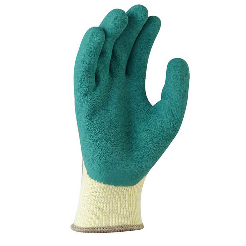 Green gardening glove with a white cuff on a white background