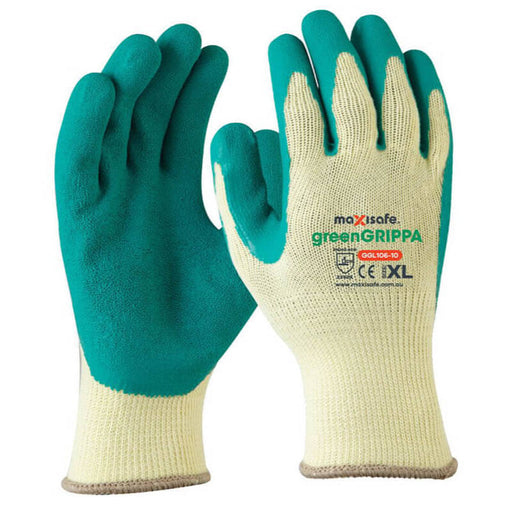 Pair of green and beige gloves with 'maxisafe greenGrippa' branding on a white background