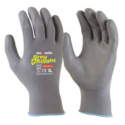 Pair of gray gloves with MaxiSafe branding on a white background