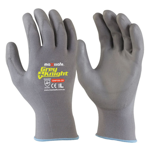 Pair of gray gloves with MaxiSafe branding on a white background