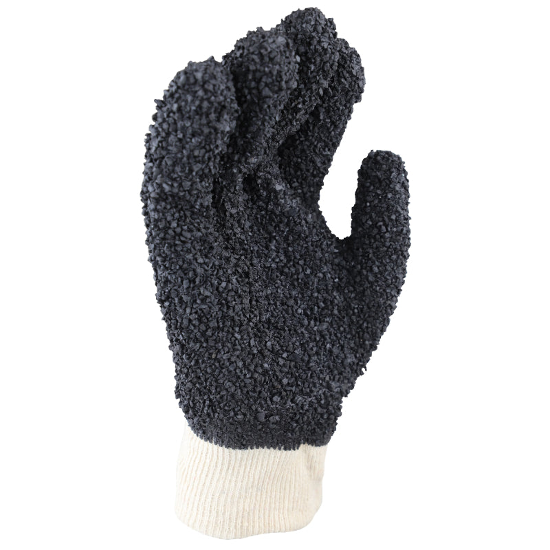 Black textured work glove with white cuff on a white background
