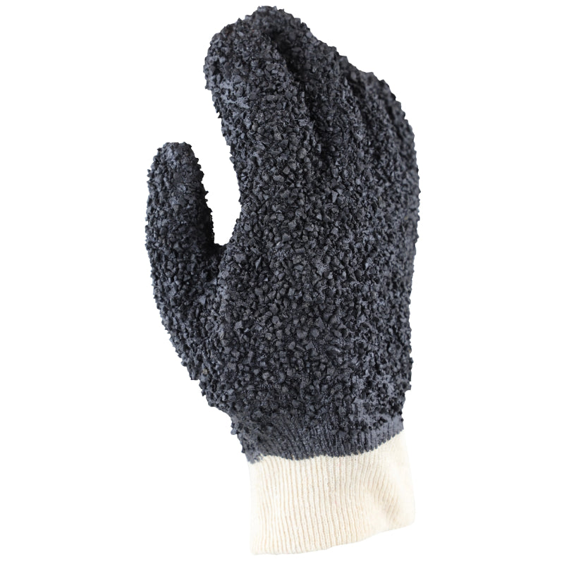 Gray textured work glove with white cuff on a white background