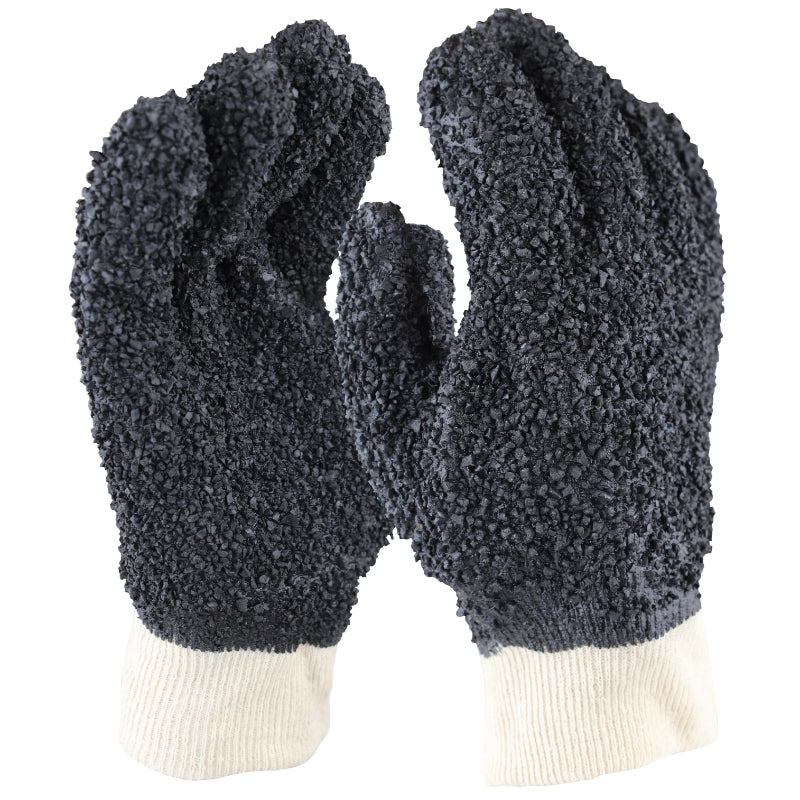 Pair of dark gray gloves with textured surface and white cuffs on a white background