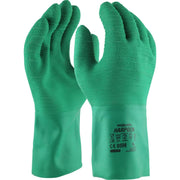 Pair of green gloves with textured palm on a white background