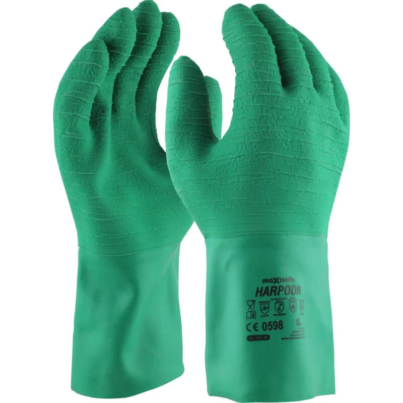 Pair of green gloves with textured palm on a white background