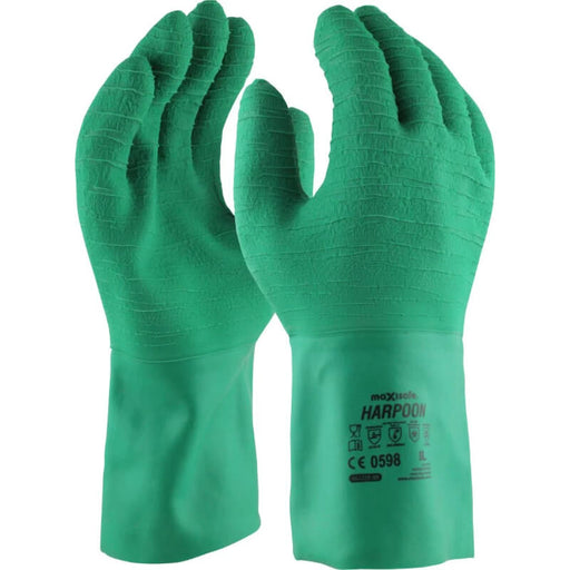 Pair of green gloves with textured palm on a white background