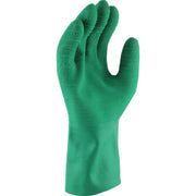 Green rubber glove on a white background
