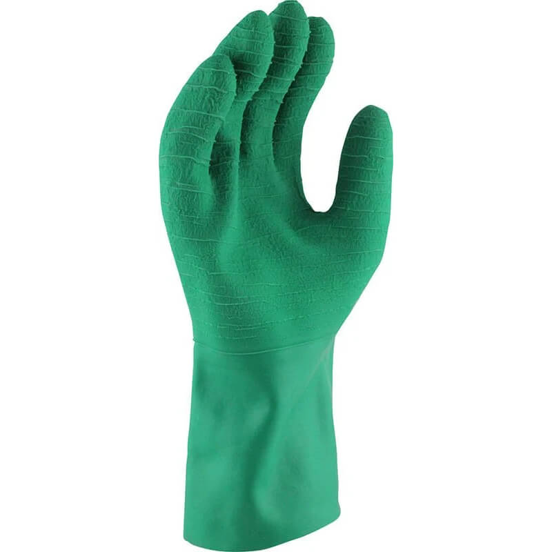 Green rubber glove on a white background