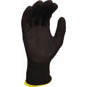 Black glove with yellow cuff on a white background
