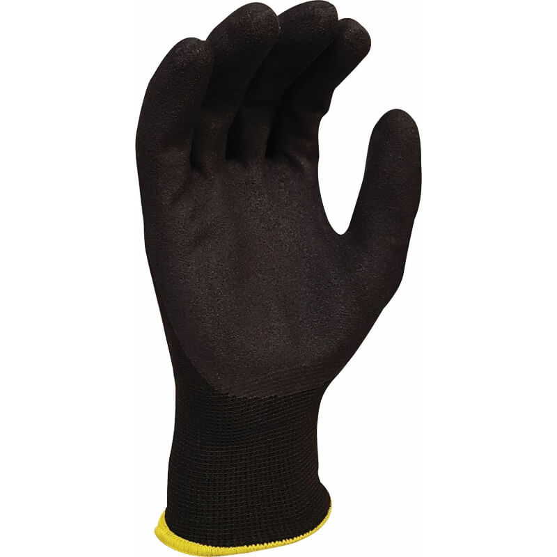 Black glove with yellow cuff on a white background