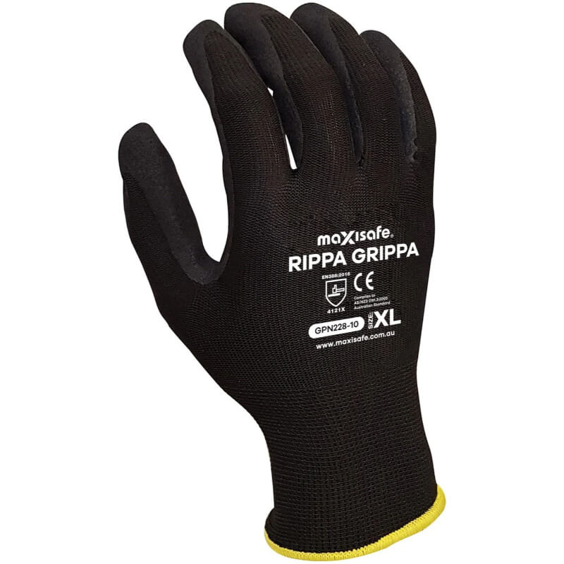 Black glove with yellow cuff labeled 'maxisafe Rippa Grippa' on a white background