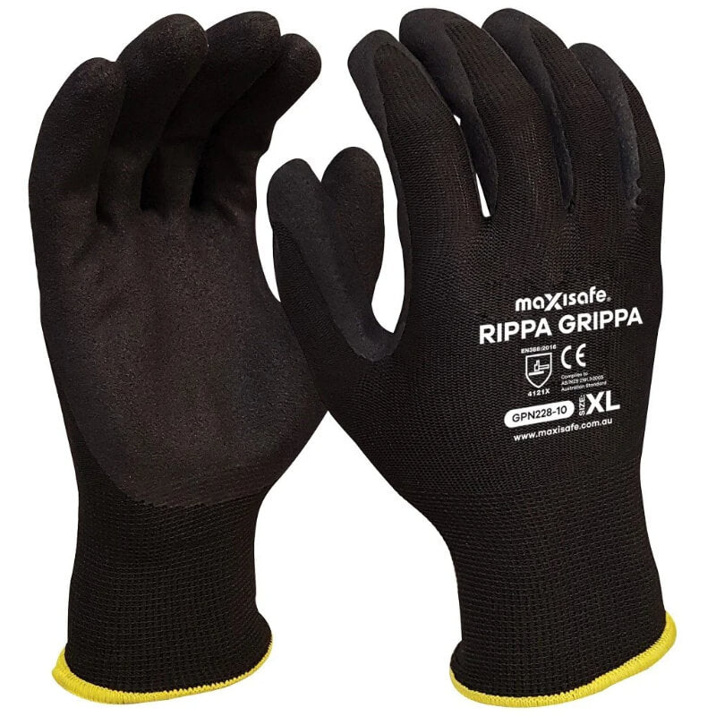 Black gloves with yellow cuffs labeled 'maxisafe Rippa Grippa' on a white background