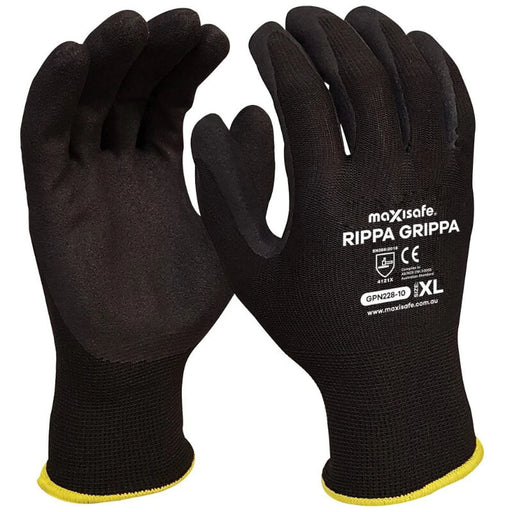 Black gloves with yellow cuffs labeled 'maxisafe Rippa Grippa' on a white background