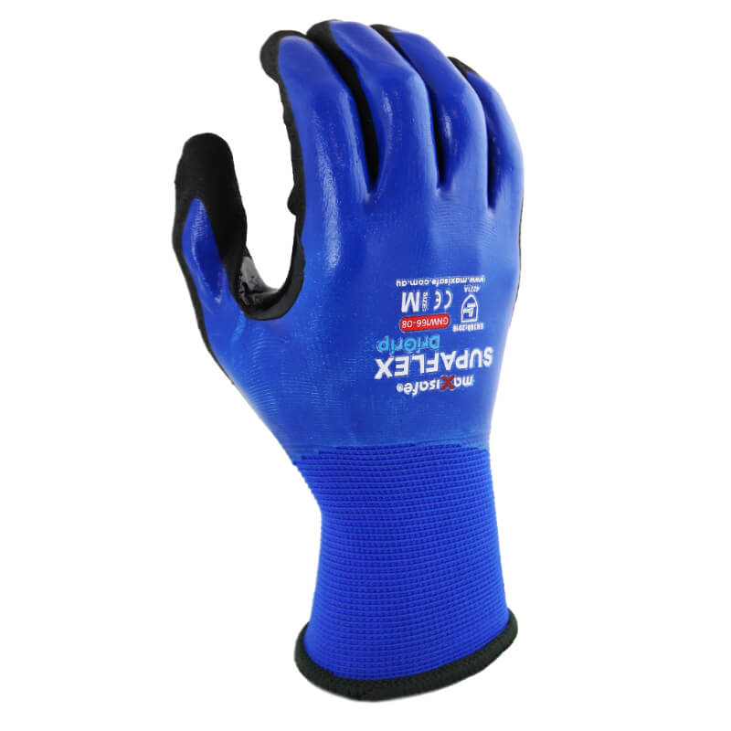 Blue work glove with black accents on a white background