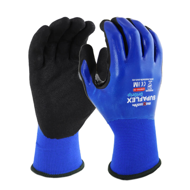 Pair of blue and black gloves with Spaflex branding on a white background