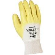 Yellow glove with 'maxisafe Sandfire' branding on a white background
