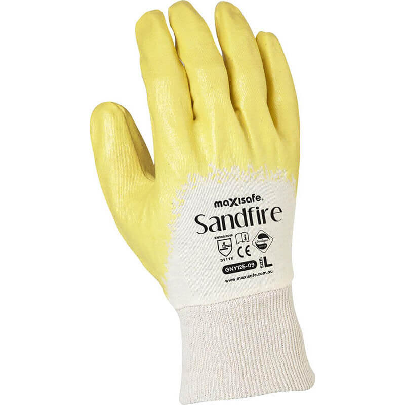 Yellow glove with 'maxisafe Sandfire' branding on a white background