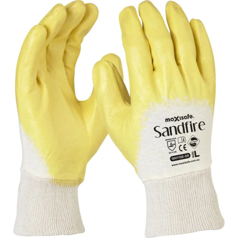 Yellow gloves with a white label on a white background