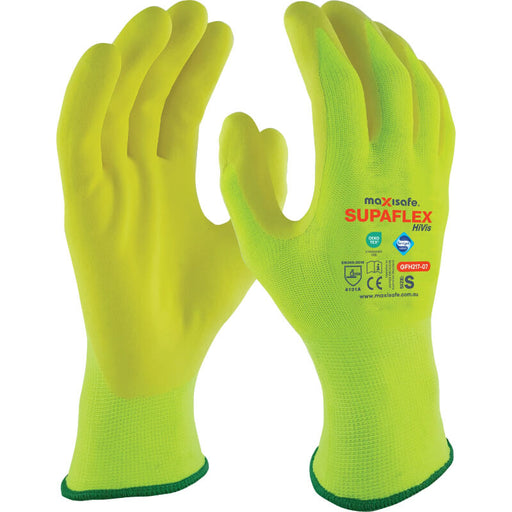 Pair of green gloves with 'Supaflex' branding on a white background