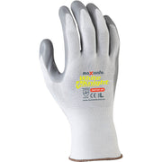 White safety glove with gray accents on a white background, featuring the Maxsafe brand.