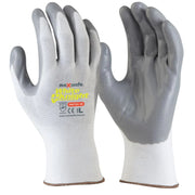 Pair of white gloves with gray nitrile coating on a white background