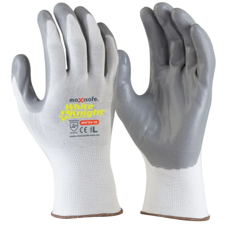 Pair of white gloves with gray nitrile coating on a white background