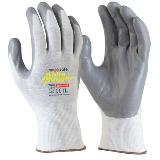 Pair of white gloves with gray nitrile coating on a white background