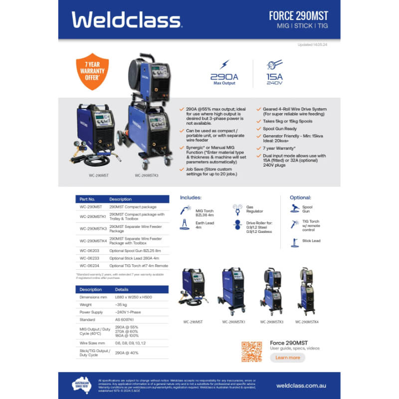 Weldclass Force 290MST welding machine advertisement with specifications and features.
