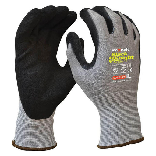 Pair of black and gray gloves with 'Black Knight' branding on a white background
