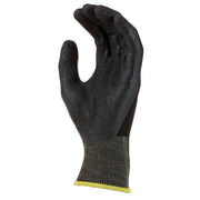 Black glove with textured palm and yellow trim on a white background