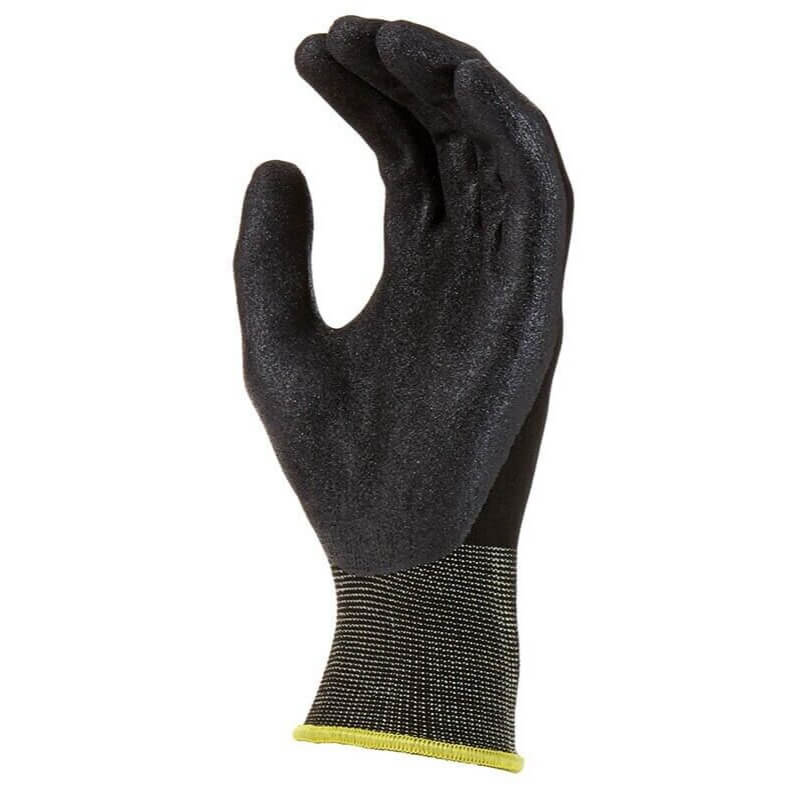 Black glove with textured palm and yellow trim on a white background