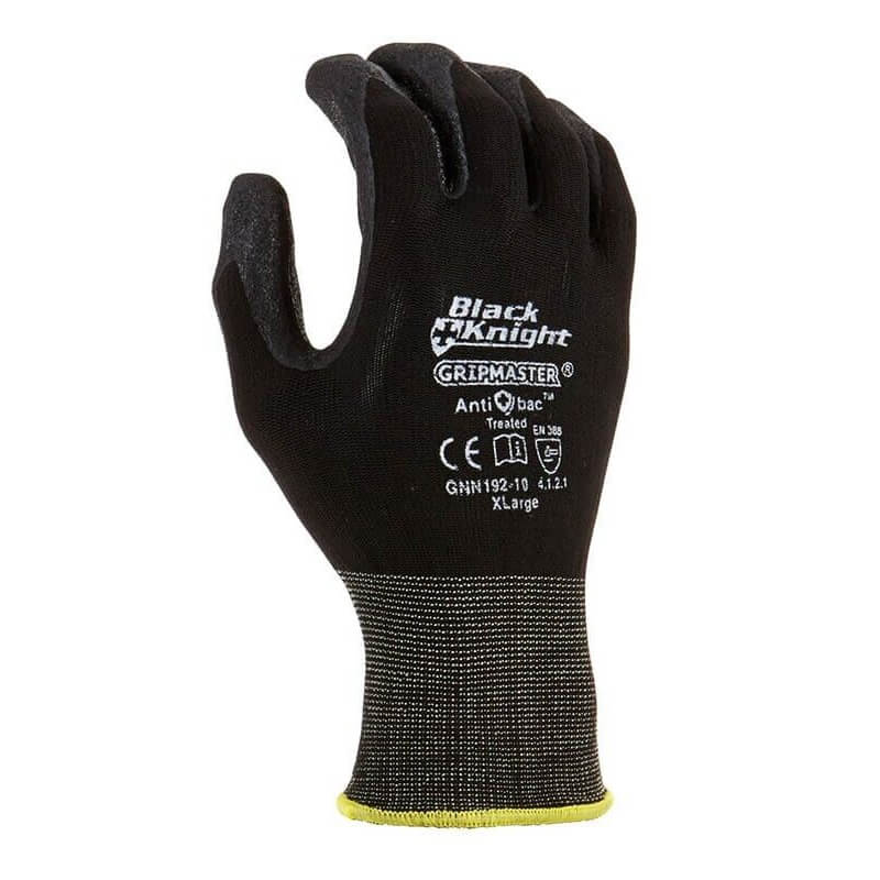 Black work glove with 'Black Knight' branding on a white background