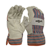Pair of beige work gloves with striped cuffs on a white background, featuring the 'maxisafe' brand.
