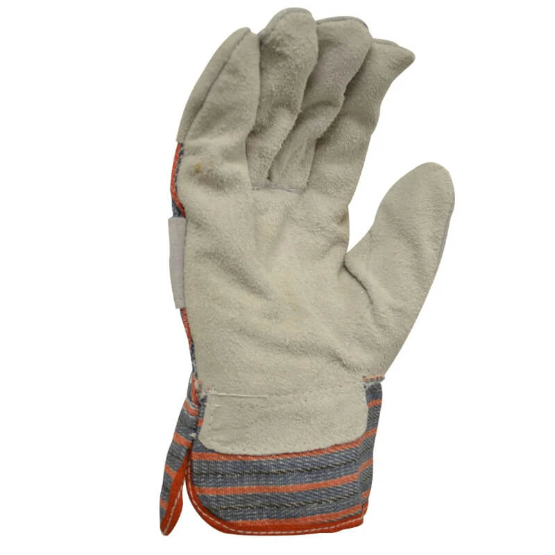 Gray work glove with orange and blue accents on a white background