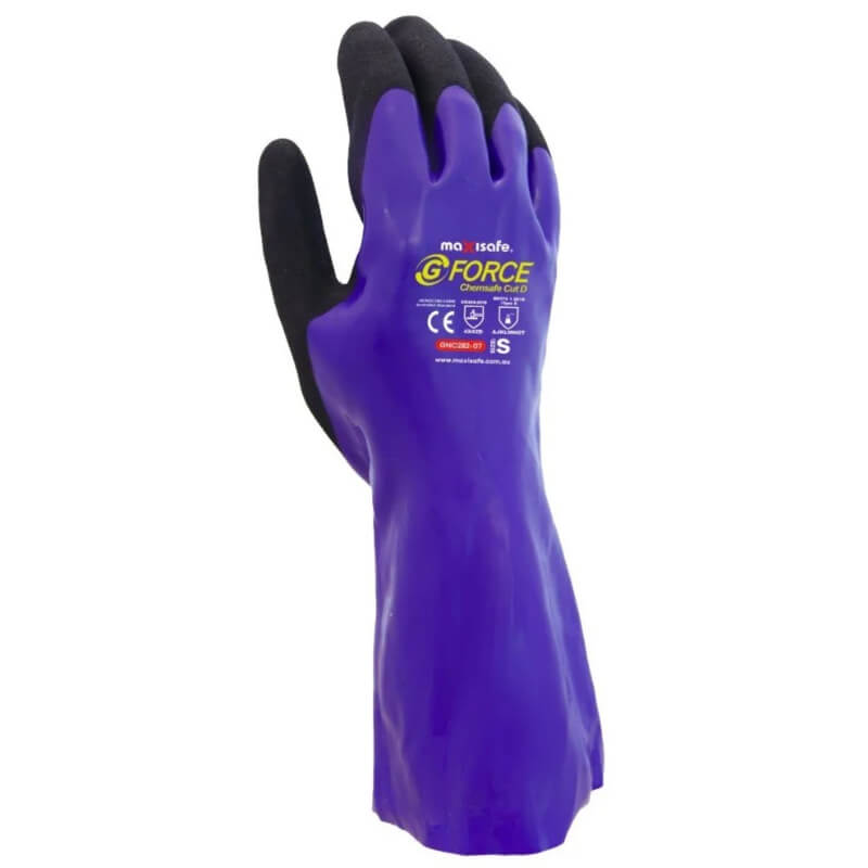 Purple gloves with black cuffs on a white background