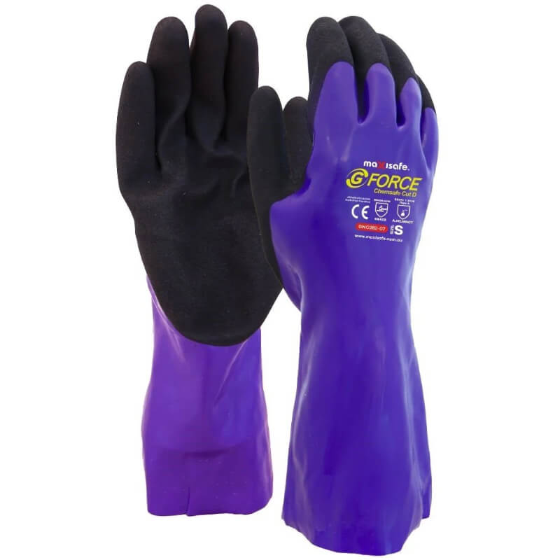 Purple gloves with black cuffs on a white background