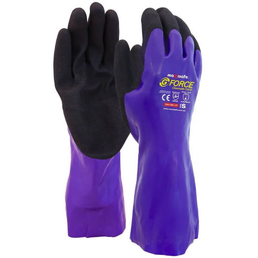 Purple gloves with black cuffs on a white background