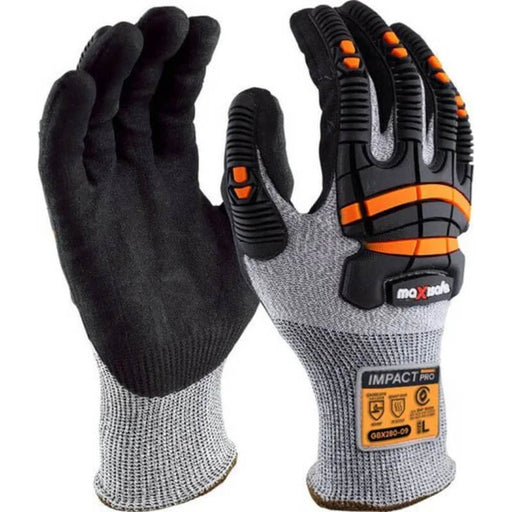 Pair of black and gray gloves with orange accents on a white background