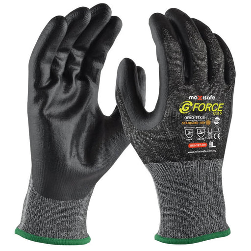 Pair of black and gray gloves with 'G-Force' branding on a white background
