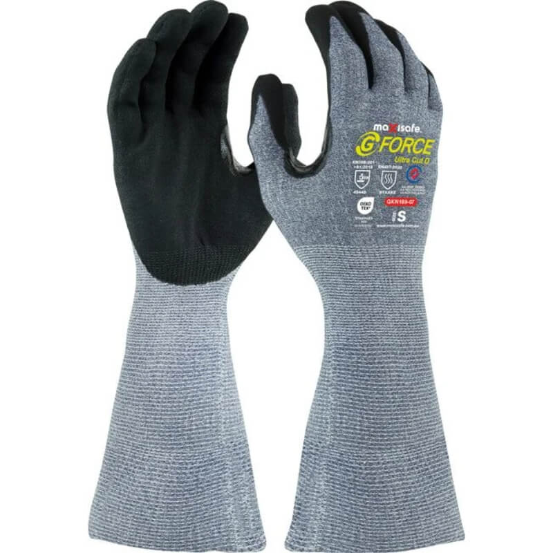 Pair of gloves with black and gray design on a white background