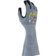 Gray cut-resistant glove with 'G-Force' branding on a white background