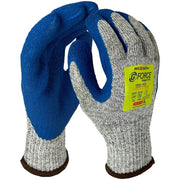 Pair of blue and gray gloves with a visible brand label on a white background