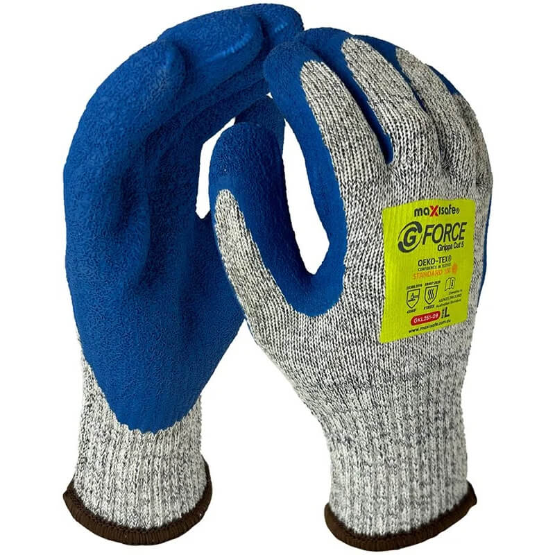 Pair of blue and gray gloves with a visible brand label on a white background