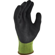 Black glove with green cuffs on a white background